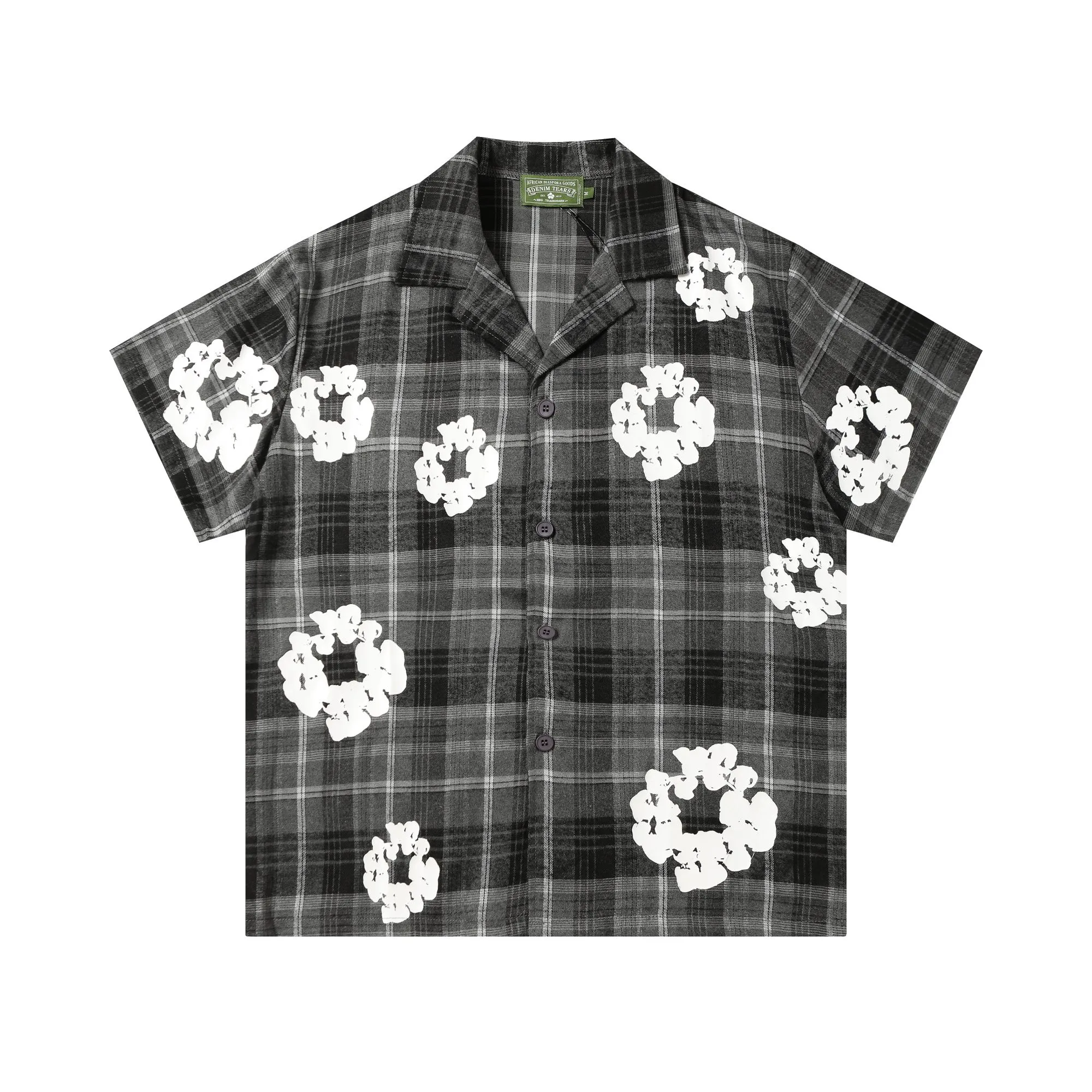 P116 388 DENIM TEARS Kapok European and American trendy brand high-quality plaid short-sleeved shirt set Color Red Gray Yellow Size S-XL